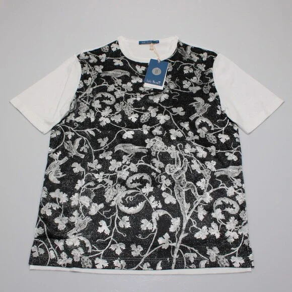 Italo Ferretti NWT Short Sleeve Crew T-Shirt Size M White & Black Cotton/Silk